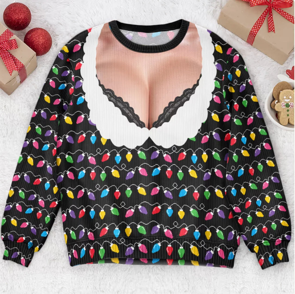 Funny Lace Deep V Bust Optical Illusion Ugly Christmas Sweater, Hilarious Gag Gift for Women, Argyle Plaid Ho Ho Ho Print Jumper