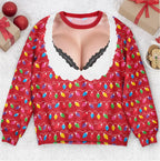 Funny Lace Deep V Bust Optical Illusion Ugly Christmas Sweater, Hilarious Gag Gift for Women, Argyle Plaid Ho Ho Ho Print Jumper