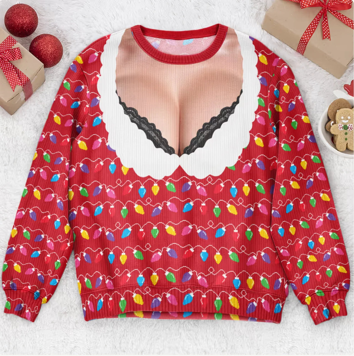 Funny Lace Deep V Bust Optical Illusion Ugly Christmas Sweater, Hilarious Gag Gift for Women, Argyle Plaid Ho Ho Ho Print Jumper