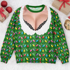 Funny Lace Deep V Bust Optical Illusion Ugly Christmas Sweater, Hilarious Gag Gift for Women, Argyle Plaid Ho Ho Ho Print Jumper