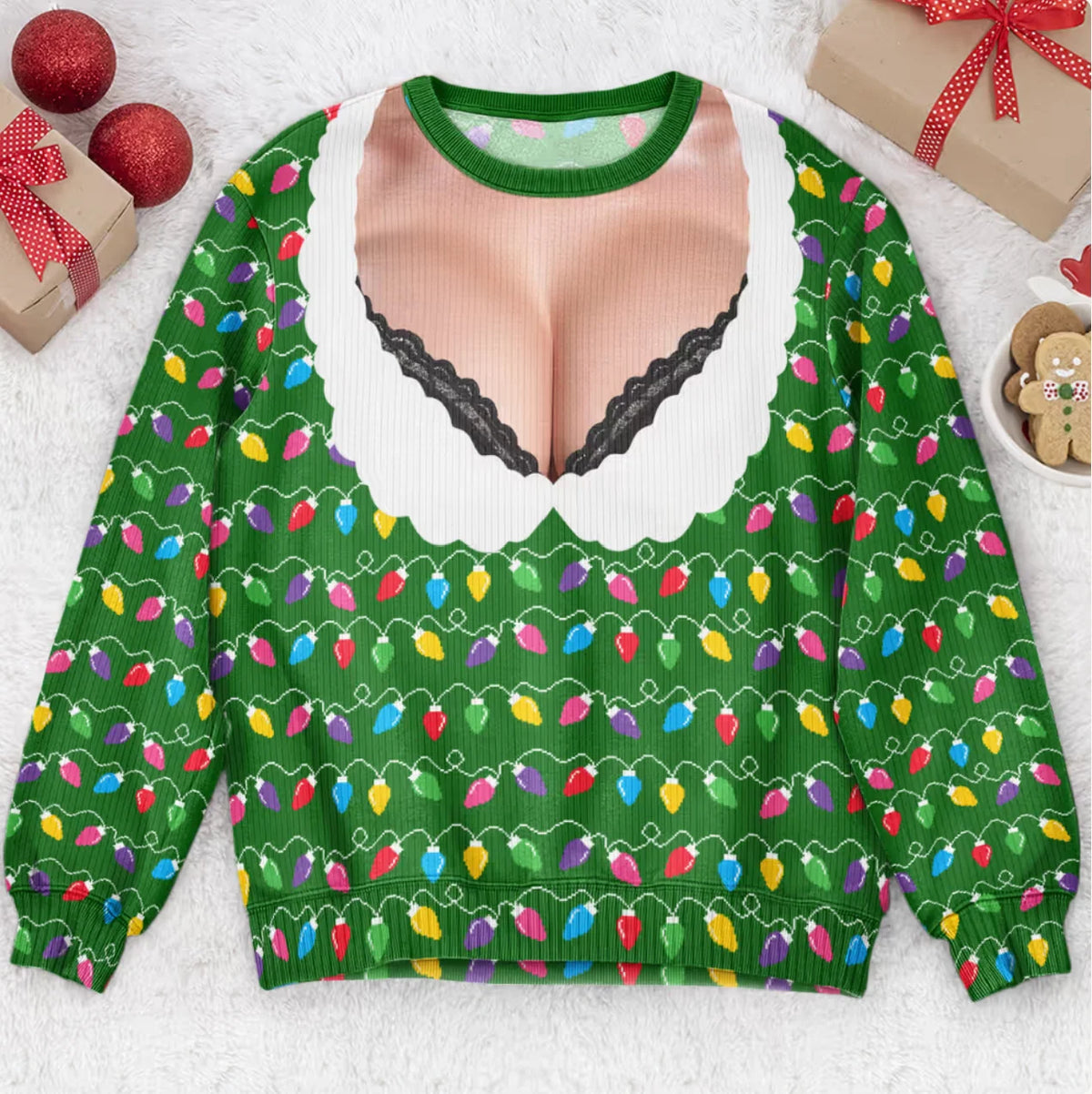 Funny Lace Deep V Bust Optical Illusion Ugly Christmas Sweater, Hilarious Gag Gift for Women, Argyle Plaid Ho Ho Ho Print Jumper