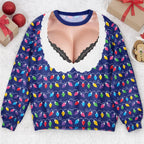 Funny Lace Deep V Bust Optical Illusion Ugly Christmas Sweater, Hilarious Gag Gift for Women, Argyle Plaid Ho Ho Ho Print Jumper