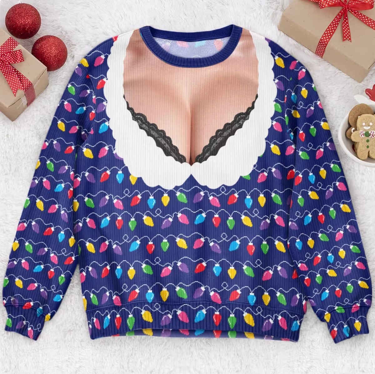 Funny Lace Deep V Bust Optical Illusion Ugly Christmas Sweater, Hilarious Gag Gift for Women, Argyle Plaid Ho Ho Ho Print Jumper