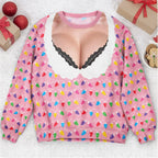 Funny Lace Deep V Bust Optical Illusion Ugly Christmas Sweater, Hilarious Gag Gift for Women, Argyle Plaid Ho Ho Ho Print Jumper