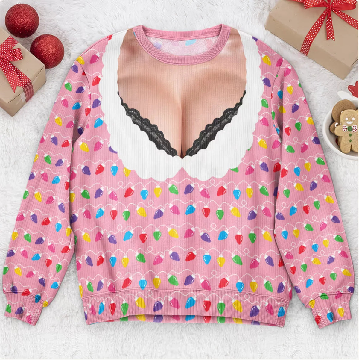 Funny Lace Deep V Bust Optical Illusion Ugly Christmas Sweater, Hilarious Gag Gift for Women, Argyle Plaid Ho Ho Ho Print Jumper