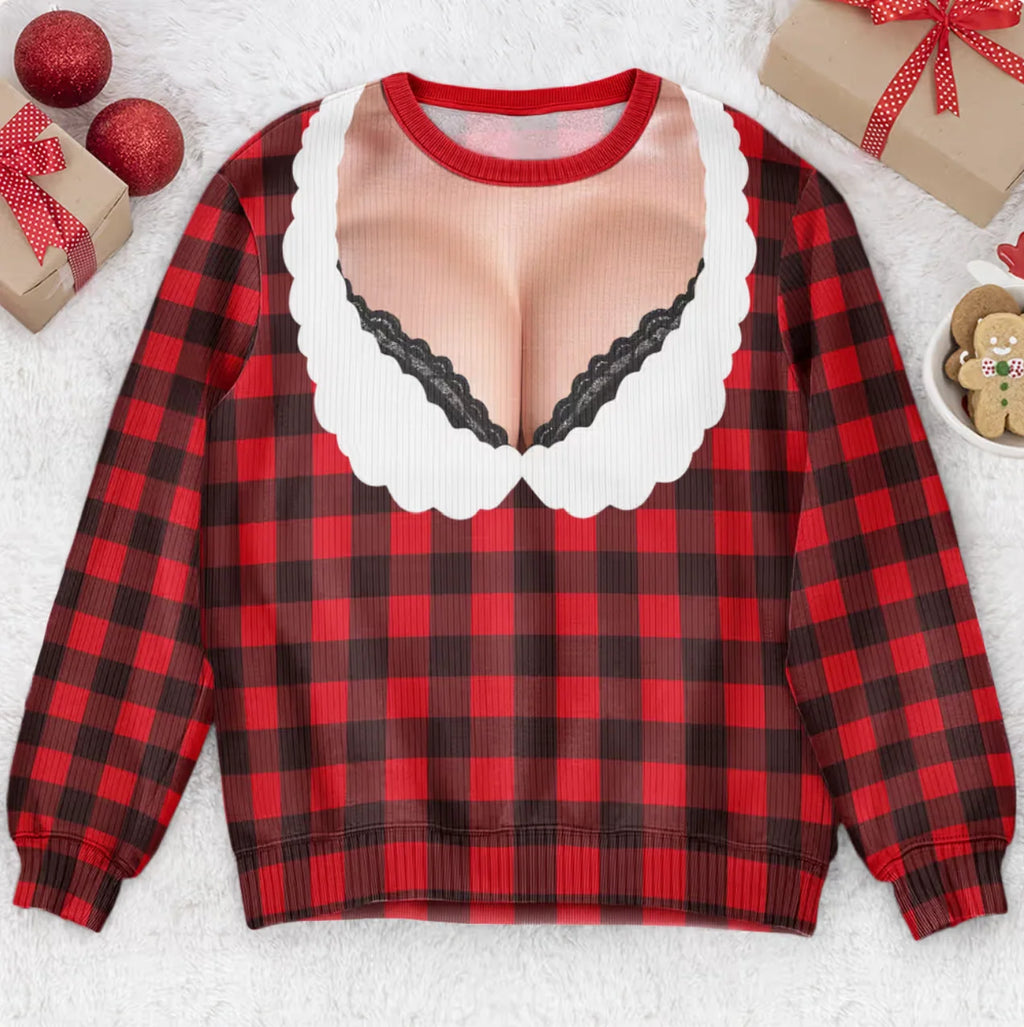 Funny Lace Deep V Bust Optical Illusion Ugly Christmas Sweater, Hilarious Gag Gift for Women, Argyle Plaid Ho Ho Ho Print Jumper