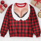 Funny Lace Deep V Bust Optical Illusion Ugly Christmas Sweater, Hilarious Gag Gift for Women, Argyle Plaid Ho Ho Ho Print Jumper