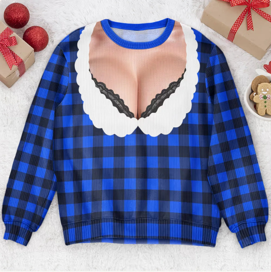 Funny Lace Deep V Bust Optical Illusion Ugly Christmas Sweater, Hilarious Gag Gift for Women, Argyle Plaid Ho Ho Ho Print Jumper