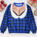 Funny Lace Deep V Bust Optical Illusion Ugly Christmas Sweater, Hilarious Gag Gift for Women, Argyle Plaid Ho Ho Ho Print Jumper