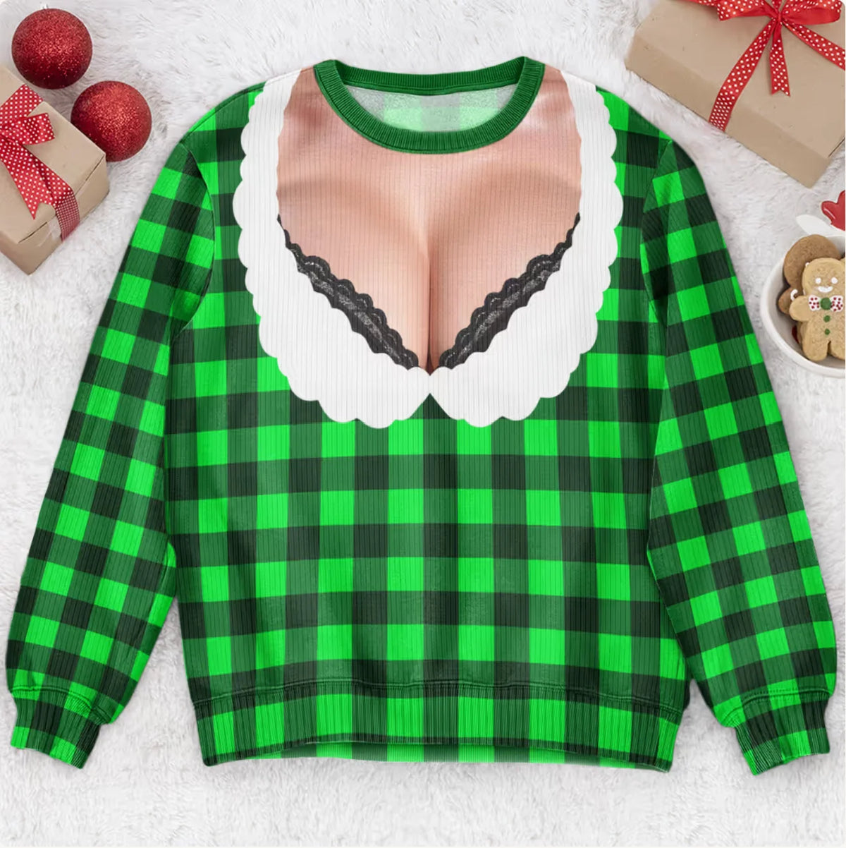 Funny Lace Deep V Bust Optical Illusion Ugly Christmas Sweater, Hilarious Gag Gift for Women, Argyle Plaid Ho Ho Ho Print Jumper
