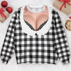 Funny Lace Deep V Bust Optical Illusion Ugly Christmas Sweater, Hilarious Gag Gift for Women, Argyle Plaid Ho Ho Ho Print Jumper