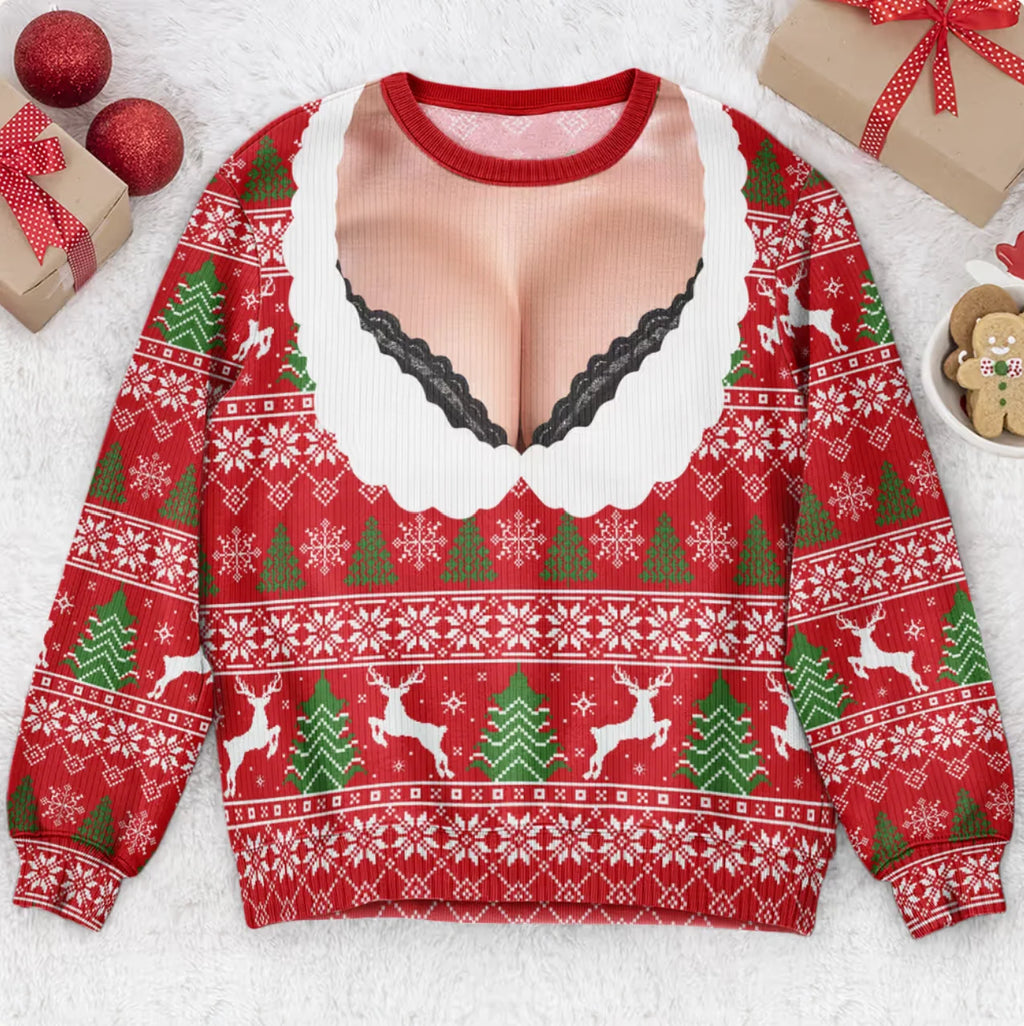 Funny Lace Deep V Bust Optical Illusion Ugly Christmas Sweater, Hilarious Gag Gift for Women, Argyle Plaid Ho Ho Ho Print Jumper