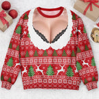 Funny Lace Deep V Bust Optical Illusion Ugly Christmas Sweater, Hilarious Gag Gift for Women, Argyle Plaid Ho Ho Ho Print Jumper