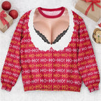 Funny Lace Deep V Bust Optical Illusion Ugly Christmas Sweater, Hilarious Gag Gift for Women, Argyle Plaid Ho Ho Ho Print Jumper