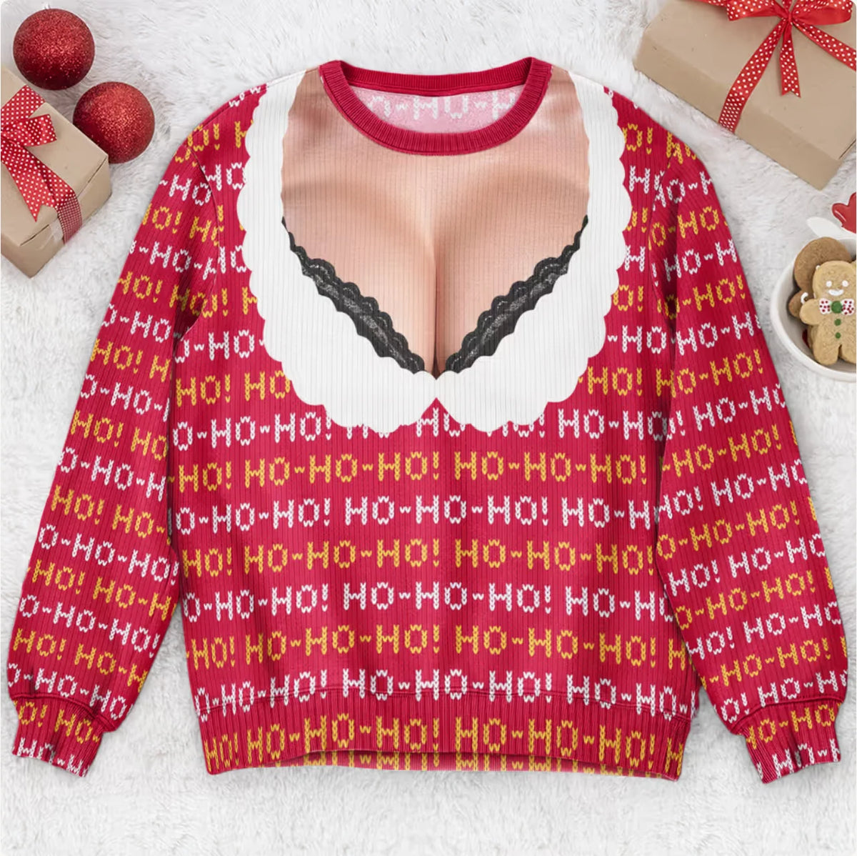 Funny Lace Deep V Bust Optical Illusion Ugly Christmas Sweater, Hilarious Gag Gift for Women, Argyle Plaid Ho Ho Ho Print Jumper