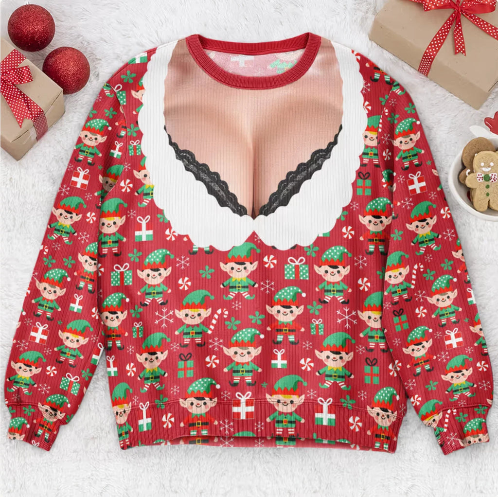 Funny Lace Deep V Bust Optical Illusion Ugly Christmas Sweater, Hilarious Gag Gift for Women, Argyle Plaid Ho Ho Ho Print Jumper