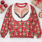 Funny Lace Deep V Bust Optical Illusion Ugly Christmas Sweater, Hilarious Gag Gift for Women, Argyle Plaid Ho Ho Ho Print Jumper