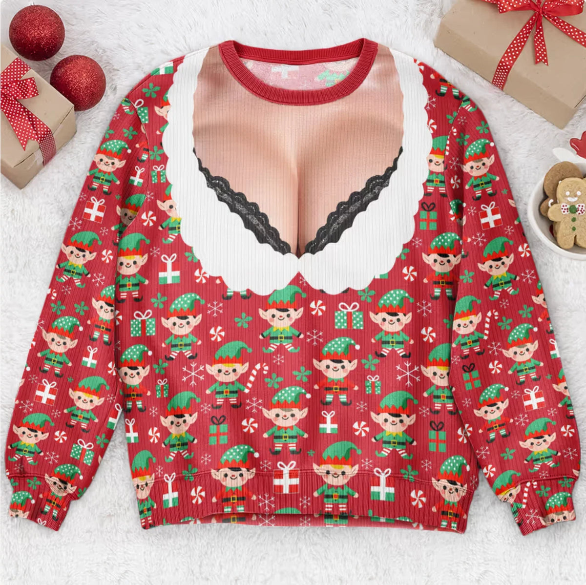 Funny Lace Deep V Bust Optical Illusion Ugly Christmas Sweater, Hilarious Gag Gift for Women, Argyle Plaid Ho Ho Ho Print Jumper