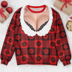 Funny Lace Deep V Bust Optical Illusion Ugly Christmas Sweater, Hilarious Gag Gift for Women, Argyle Plaid Ho Ho Ho Print Jumper