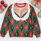 Funny Lace Deep V Bust Optical Illusion Ugly Christmas Sweater, Hilarious Gag Gift for Women, Argyle Plaid Ho Ho Ho Print Jumper