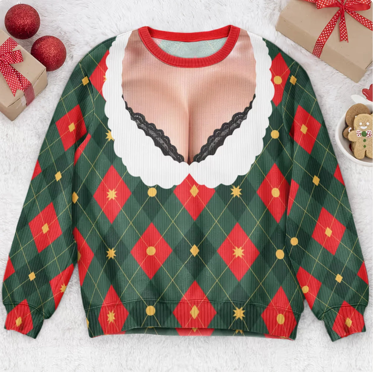 Funny Lace Deep V Bust Optical Illusion Ugly Christmas Sweater, Hilarious Gag Gift for Women, Argyle Plaid Ho Ho Ho Print Jumper
