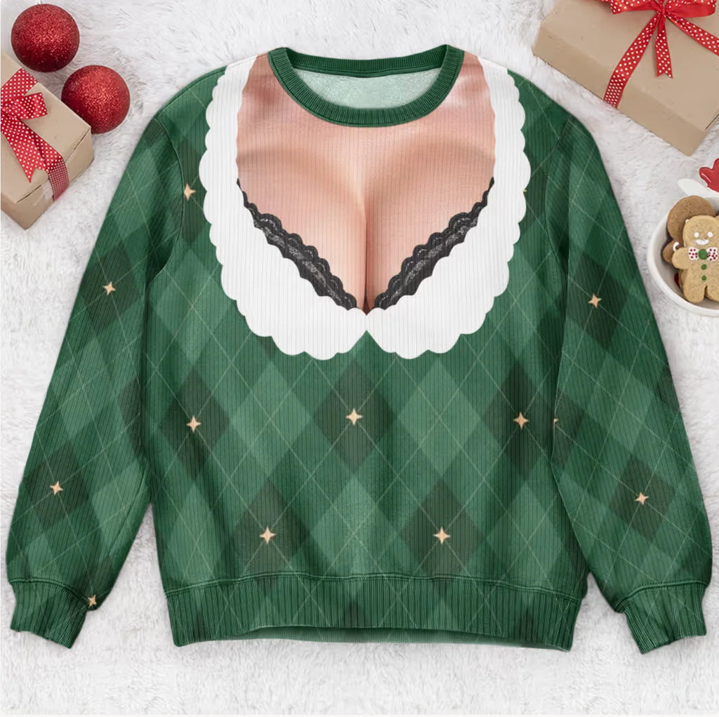 Funny Lace Deep V Bust Optical Illusion Ugly Christmas Sweater, Hilarious Gag Gift for Women, Argyle Plaid Ho Ho Ho Print Jumper