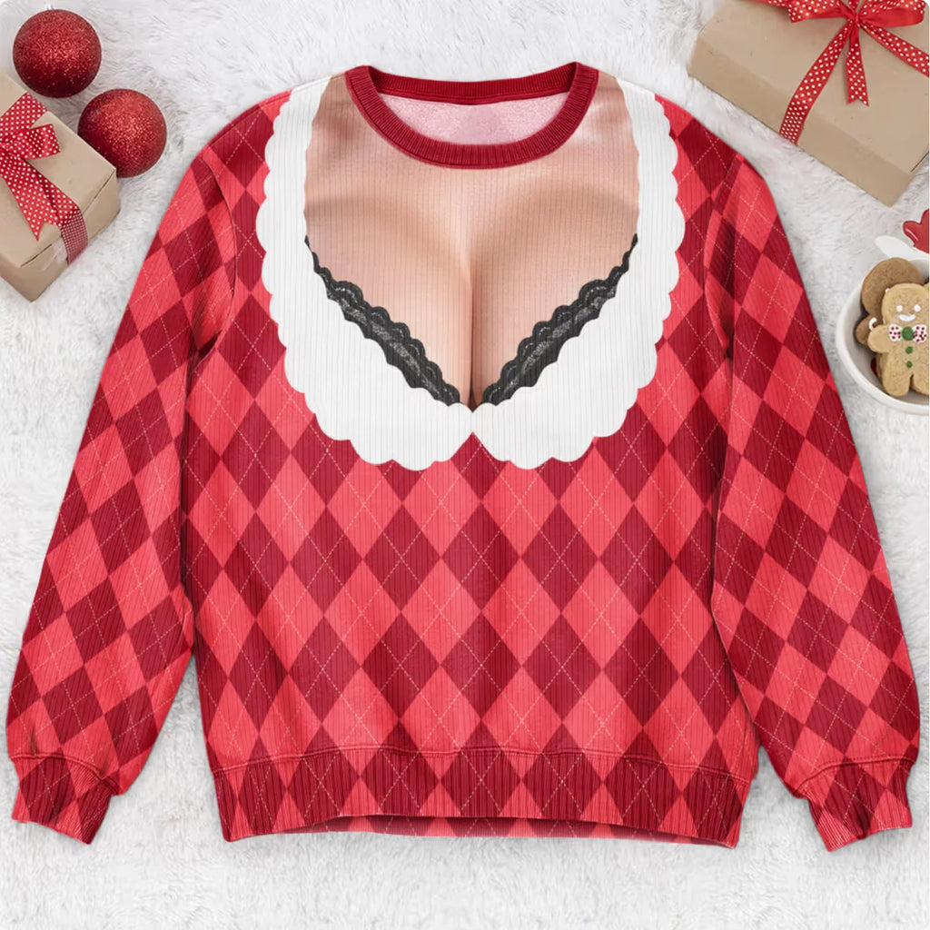 Funny Lace Deep V Bust Optical Illusion Ugly Christmas Sweater, Hilarious Gag Gift for Women, Argyle Plaid Ho Ho Ho Print Jumper