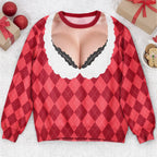 Funny Lace Deep V Bust Optical Illusion Ugly Christmas Sweater, Hilarious Gag Gift for Women, Argyle Plaid Ho Ho Ho Print Jumper