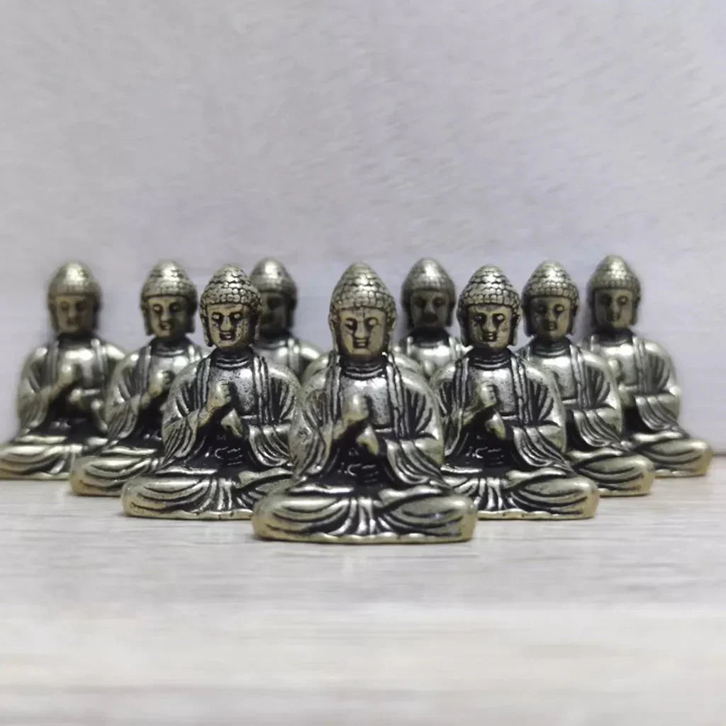 10 piece Miniature Brass Sitting Buddha Statue Figure for Travel Buddhism Worship Home Office Desk Decoration