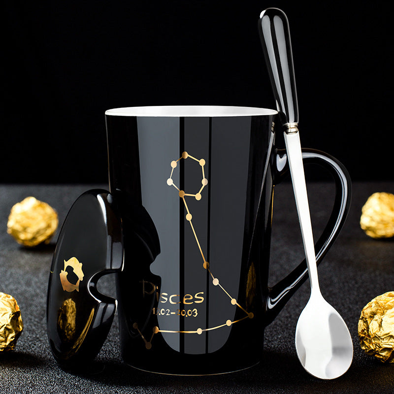 12 Zodiac Signs Black Ceramic Mug with Lid Spoon