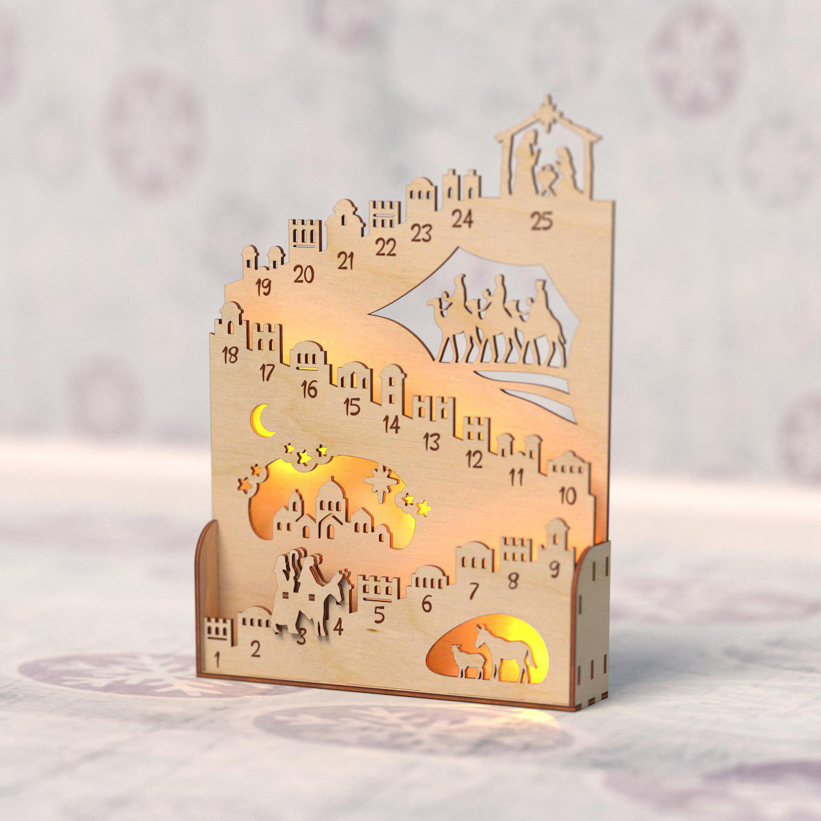 Illuminated wooden Advent calendar for the Christmas season