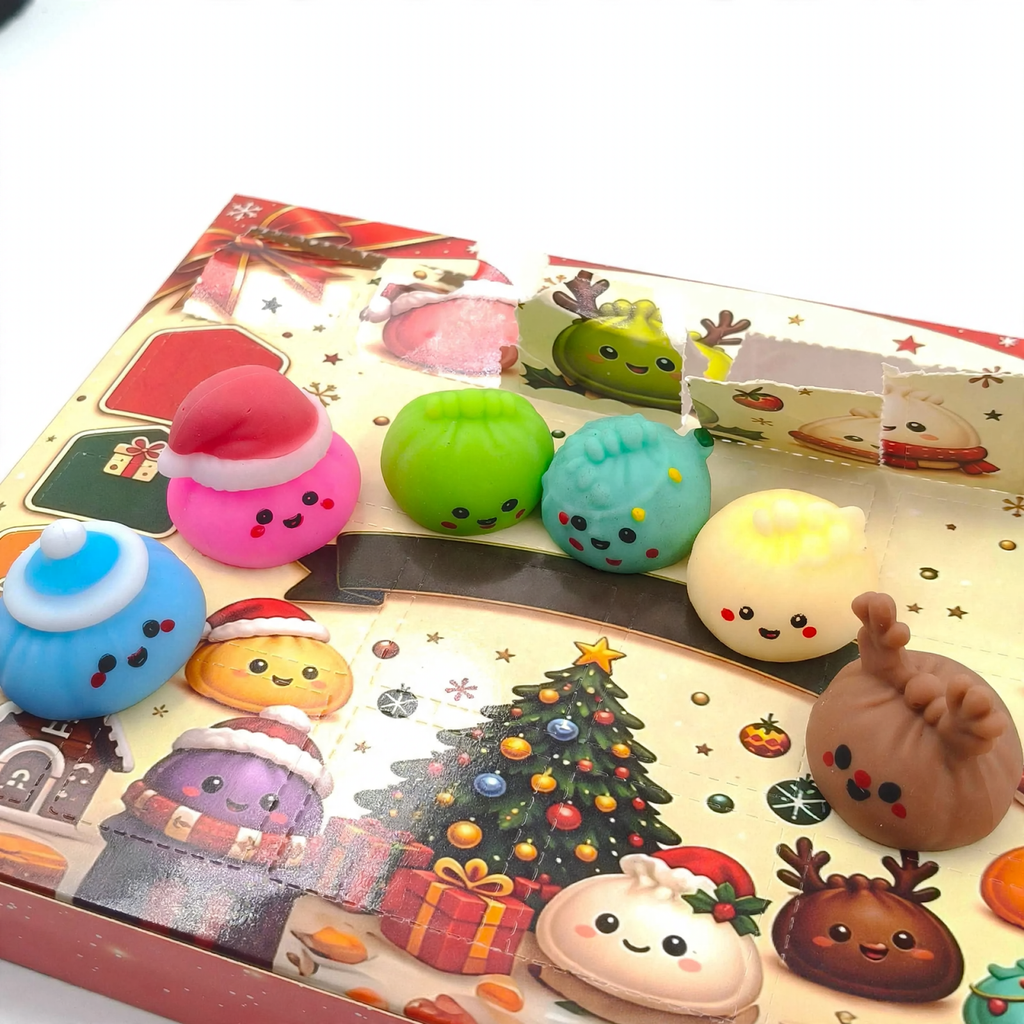 Advent calendar with 24 squishy figures in fruit and vegetable shapes
