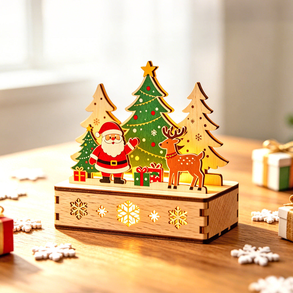 LED-illuminated wooden house, decorative table ornament