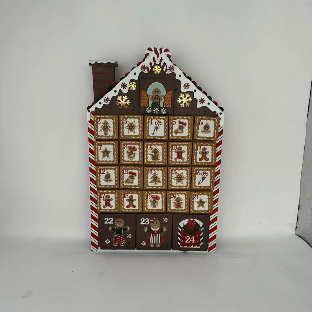 LED Advent Calendar made of Wood, Gingerbread House Design