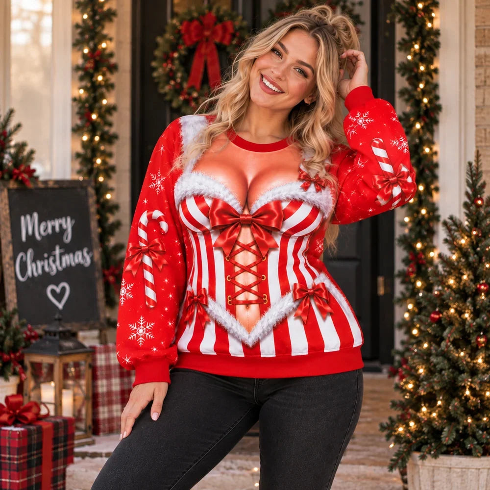 Custom Funny Candy Cane Corset Ugly Christmas Sweatshirt, Personalized 3D Optical Illusion Crewneck, Novelty Sexy Holiday Gag Gift for Wife, Mom, Daughter, Grandma, Sister, Bestie, Yourself