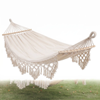 Zevolim | 200x150cm Double Outdoor Camping Fringe Canvas Hammock with Pole (White)