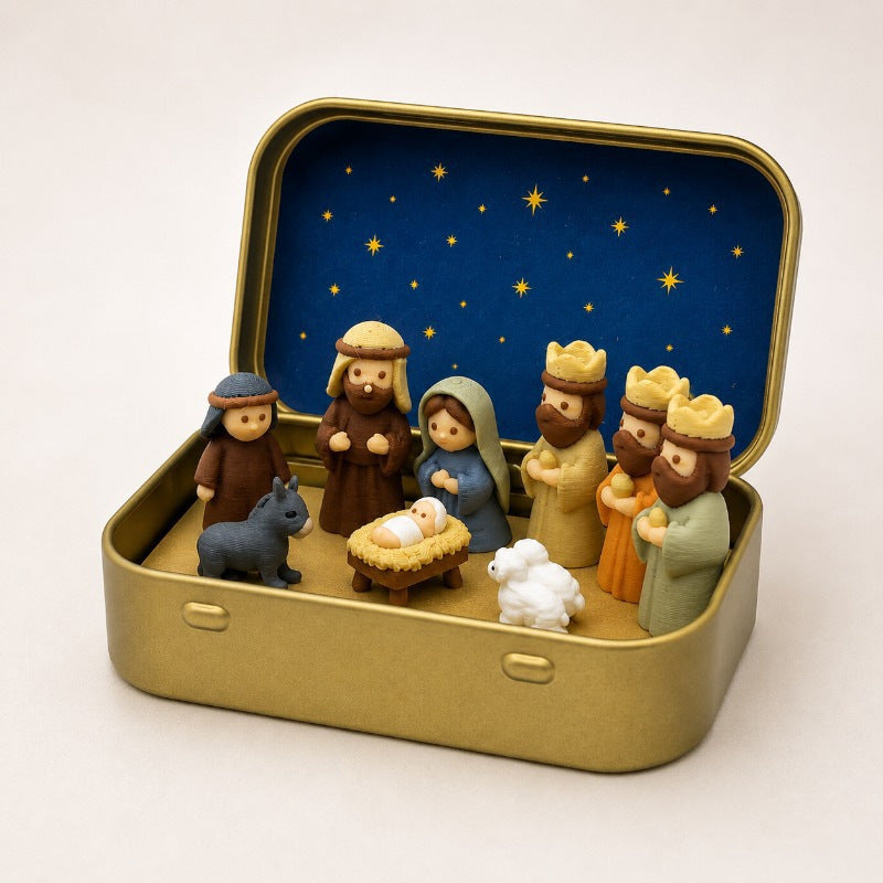 Miniature Nativity Set in Metal Box