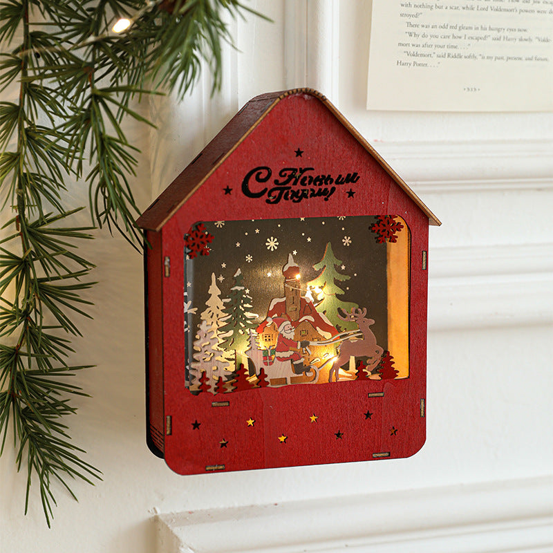 Decorative wooden Christmas house and tree ornament