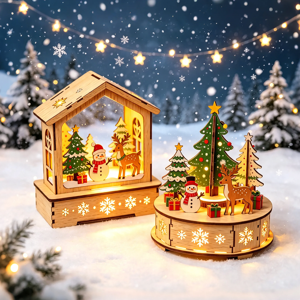 LED-illuminated wooden house, decorative table ornament
