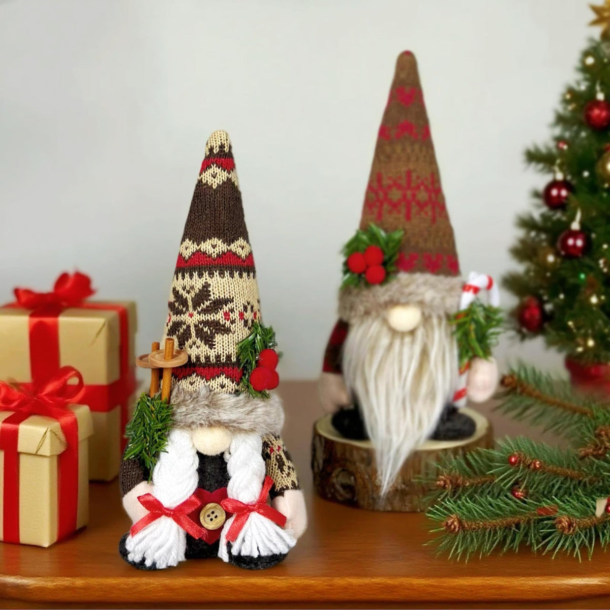 Christmas Elf Figurine with Knit Hat and Pine Branch