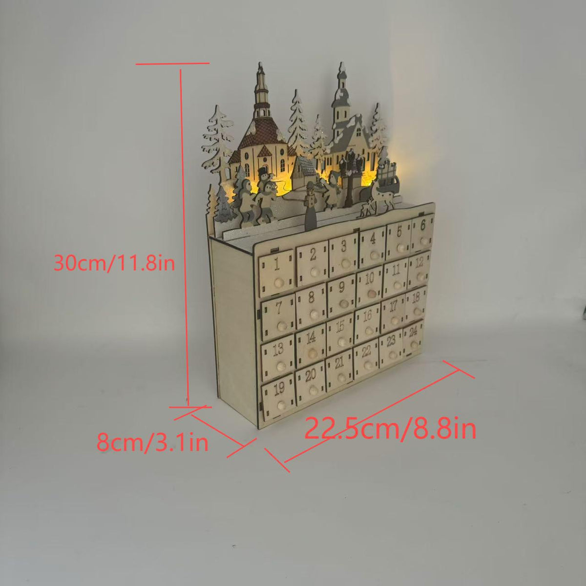Christmas Advent calendar made of wood with 24 drawers