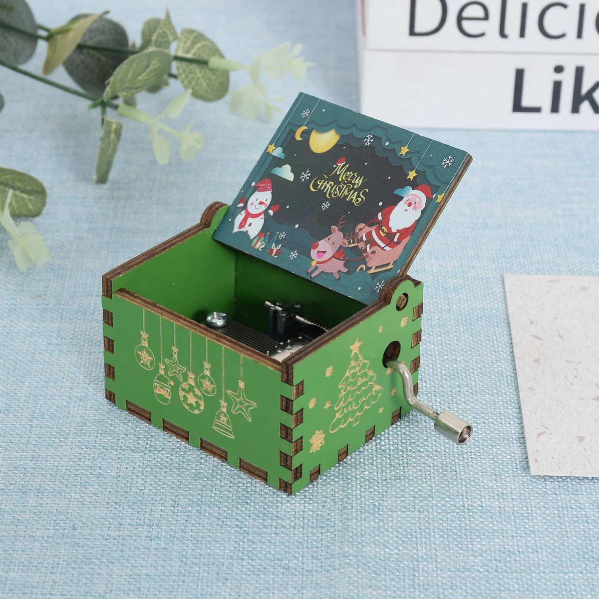 Compact wooden music box with laser engraving