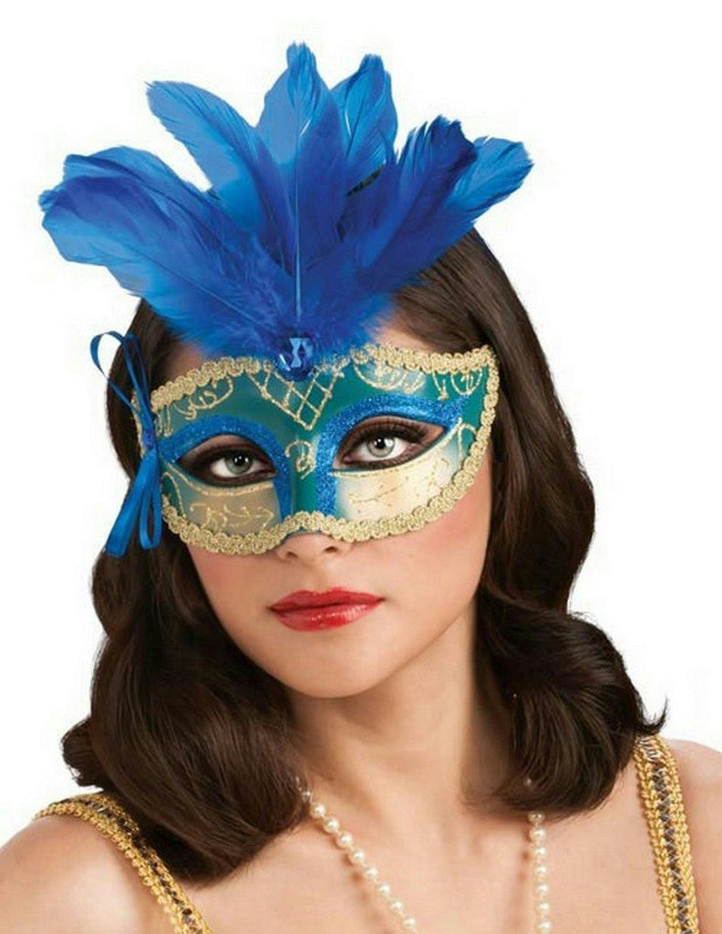 Blue Teal and Gold Venetian Carnival Eyemask Mask with Feathers