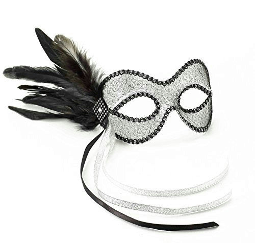 Black and Silver Lace Feather Venetian Eye Mask