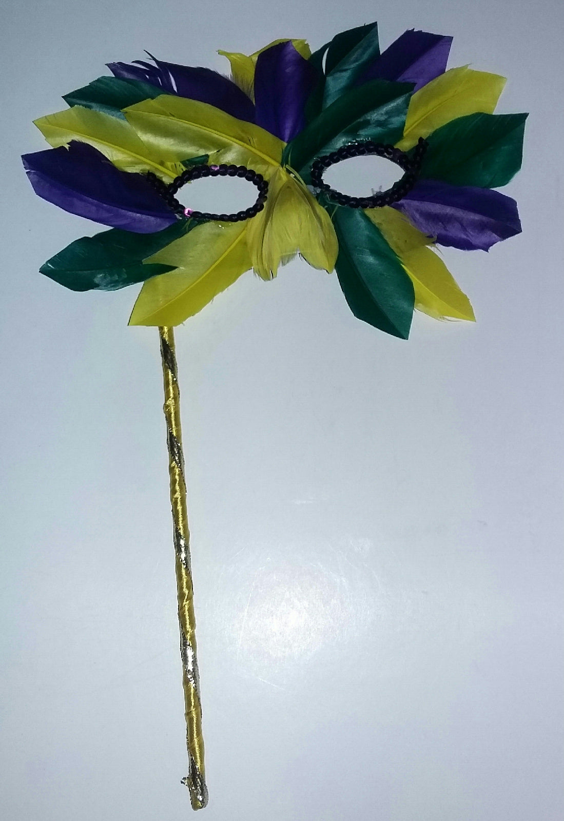 Multicolored Mardi Gras Pointed Feather Masquerade Eye Mask On a Stick 5805