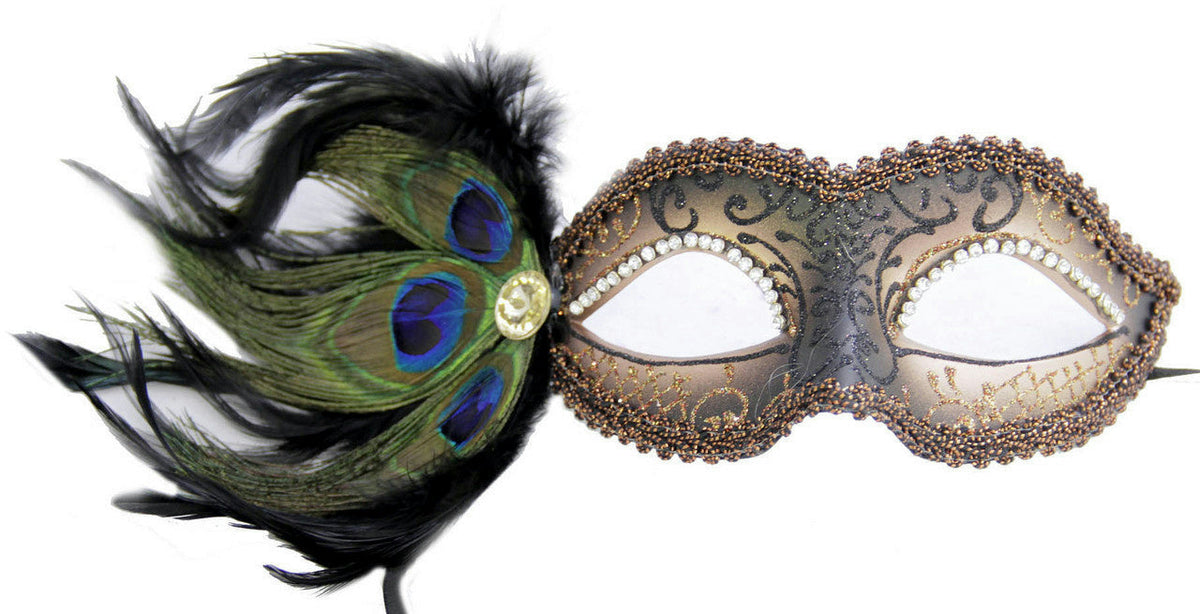 Bronze Cipriani Venetian Masquerade Eye Mask with Feathers Rhinestones and Jewel