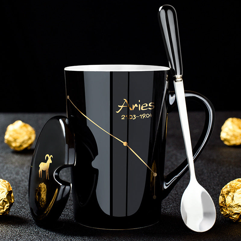 12 Zodiac Signs Black Ceramic Mug with Lid Spoon