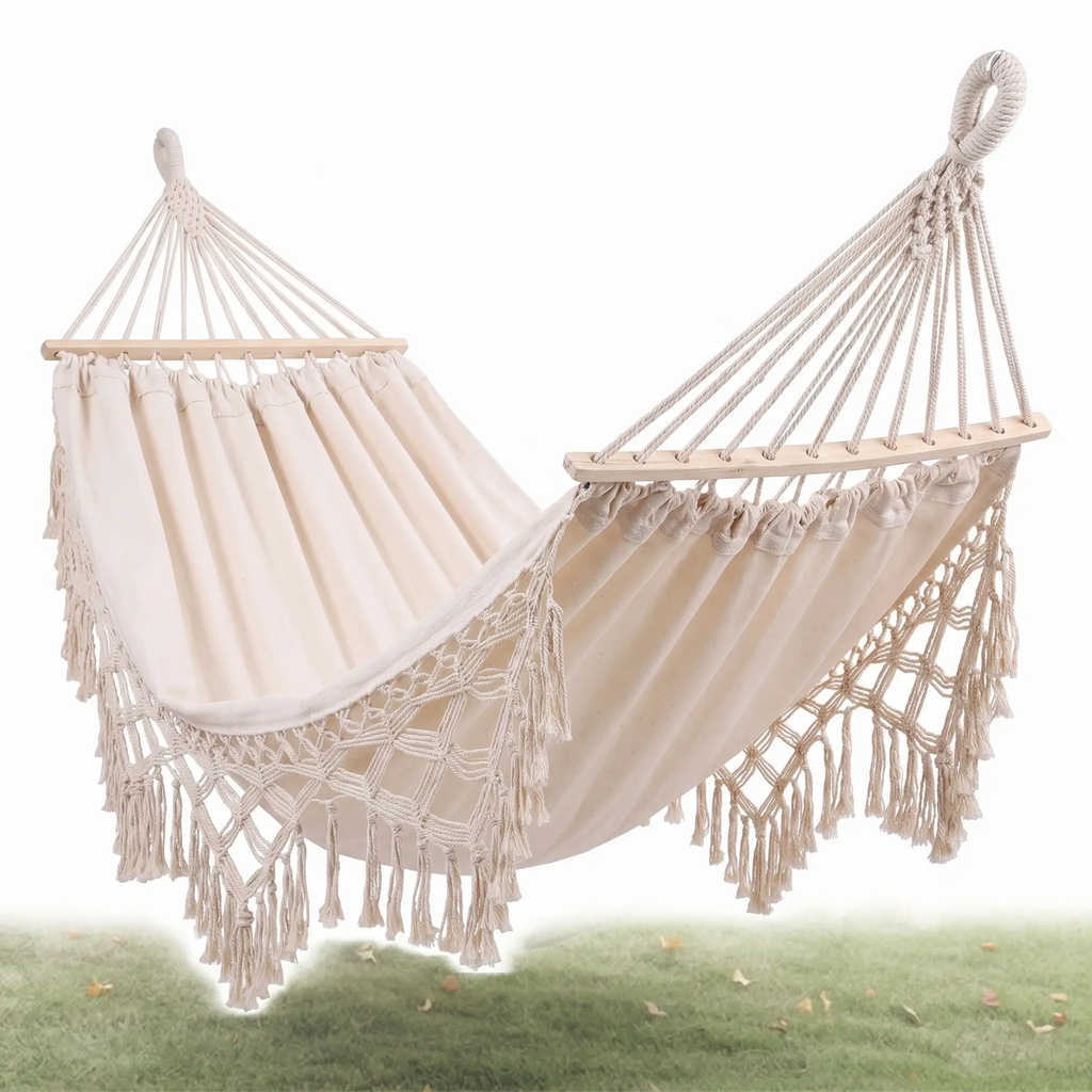 Zevolim | 200x150cm Double Outdoor Camping Fringe Canvas Hammock with Pole (White)