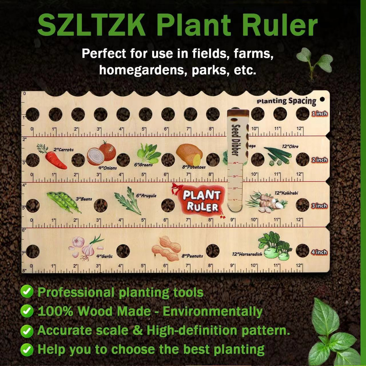 Zevolim| Wood Plant Ruler – Multifunctional Seed Measuring Tool for Garden