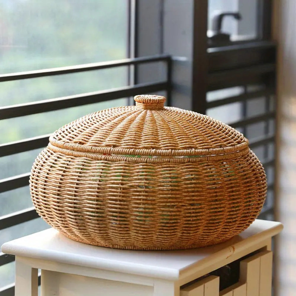 Dome-Shaped Knitted Rattan Basket with Lid